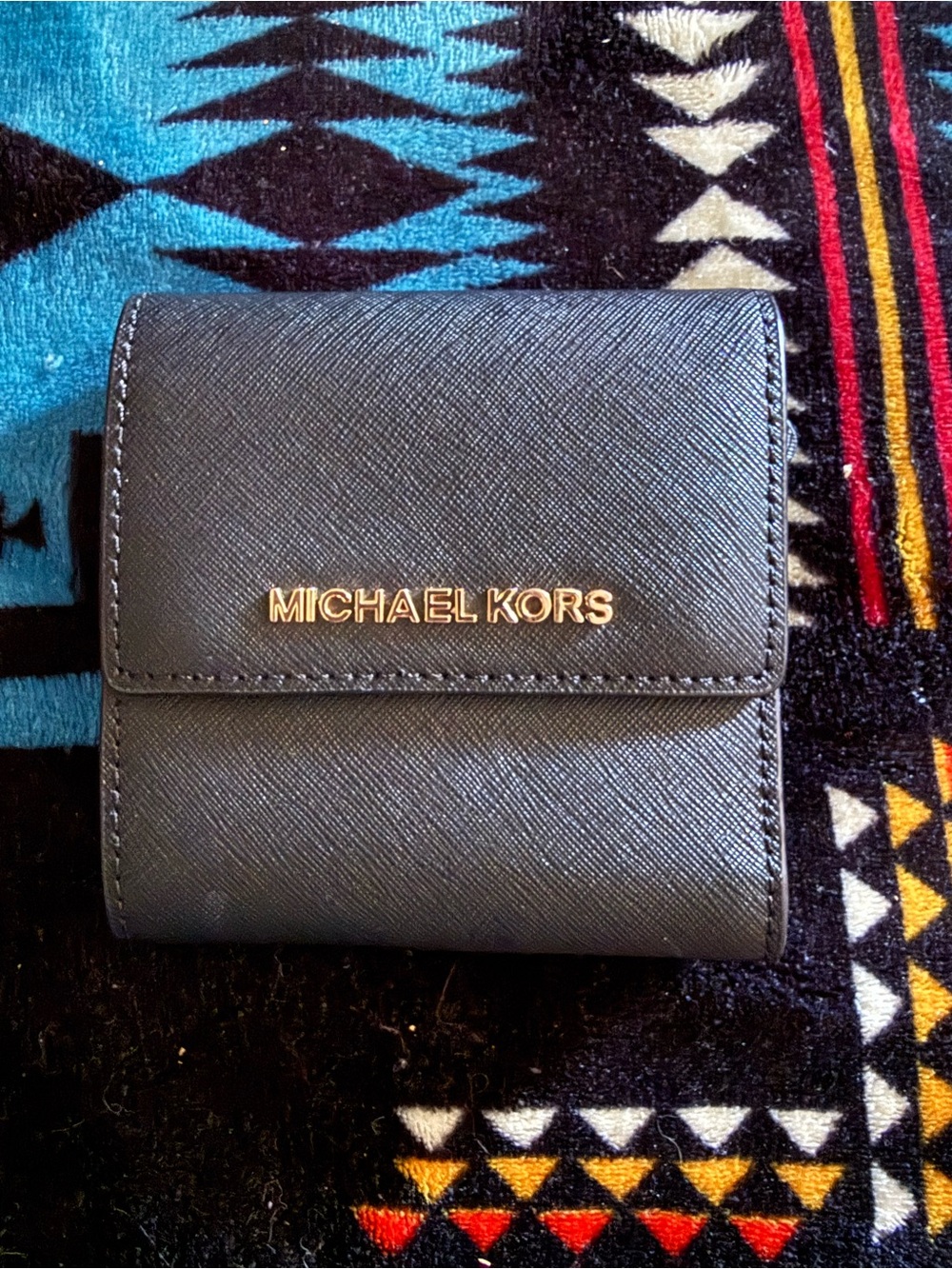 Michael Kors Black Leather Compact Wallet with Gold Logo